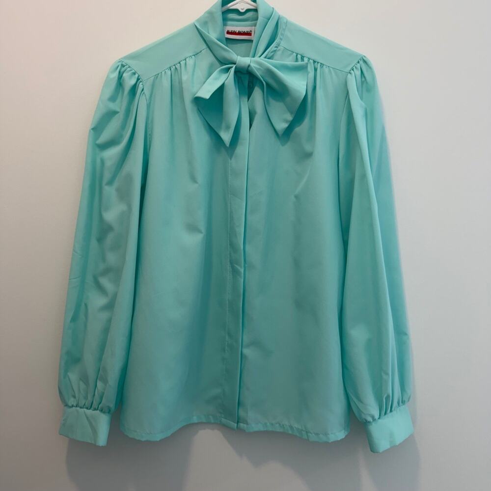 Judy Bond Vintage Women's Size 10 Aqua Bow Blouse Long Sleeve Button Up